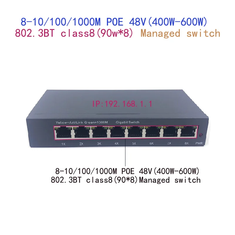8-port 10/100/1000M POE 48V(400W-600W) 802.3BT class8(90W.8)managed  switch