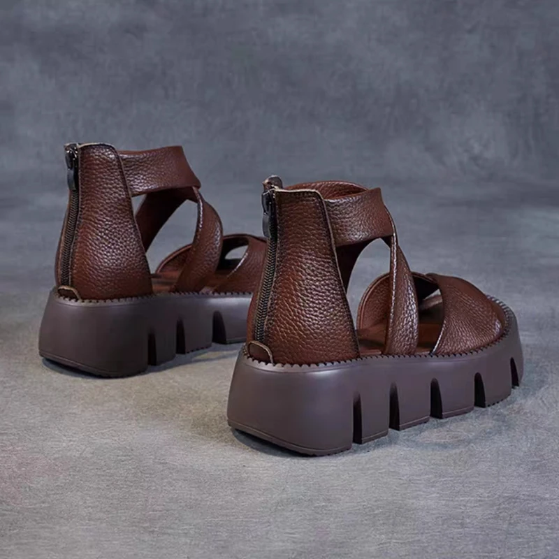 Handmade Retro Sandals Women Summer 2023 Cross Genuine Cow Leather Wedges Platform Gladiator Sandals Women Cool Boots