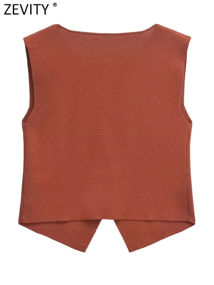 Zevity новинка 2024 женский модный однотонный вязаный жилет без рукавов с круглым