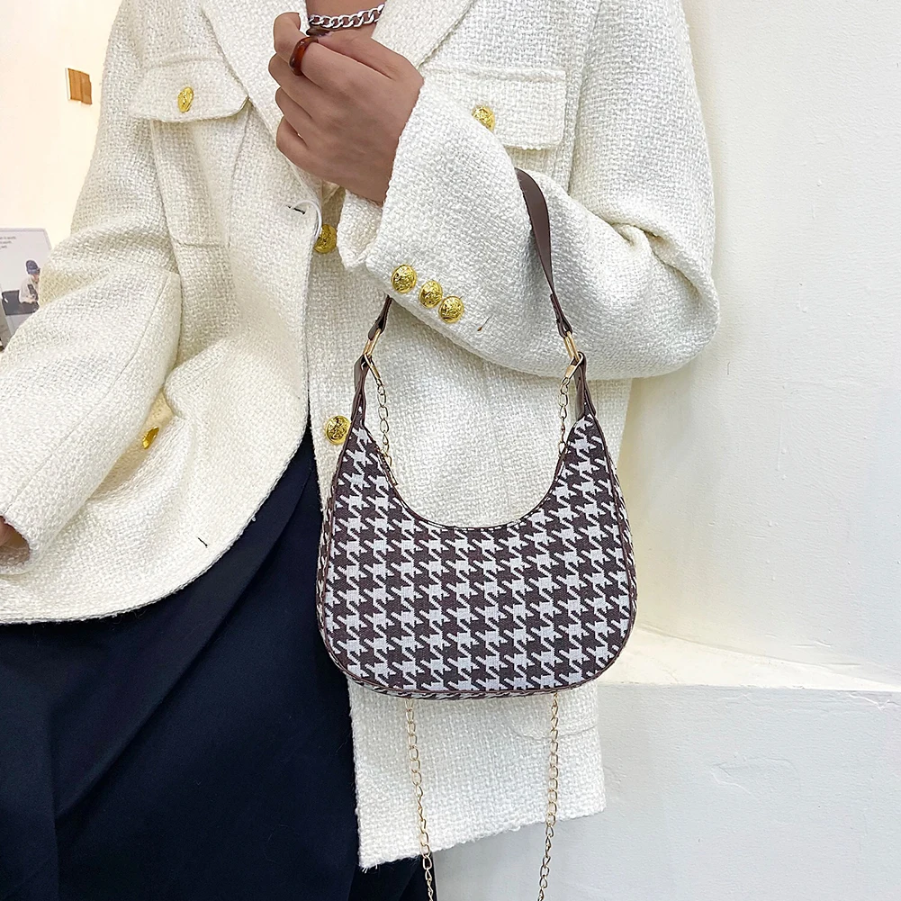 

Fashion Women PU Leather Zipper Chain Leopard Checkerboard Houndstooth Print Shoulder Bag Female Mini Casual Crescent Bag