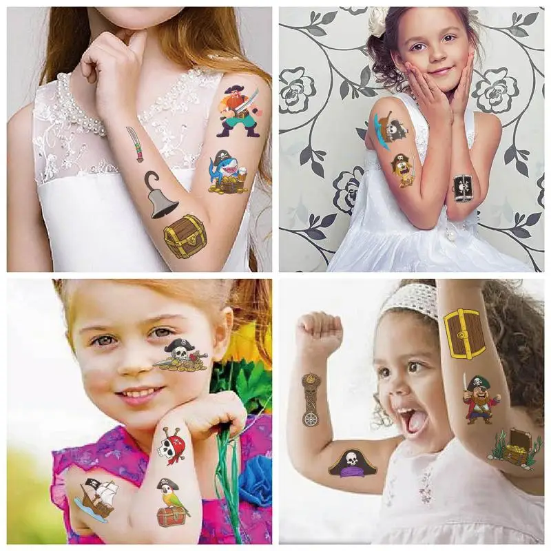 10Pcs Cartoon Pirate Treasure Gold Temporary Tattoos Sticker Skeleton For Girls Boys Birthday Party Supplies