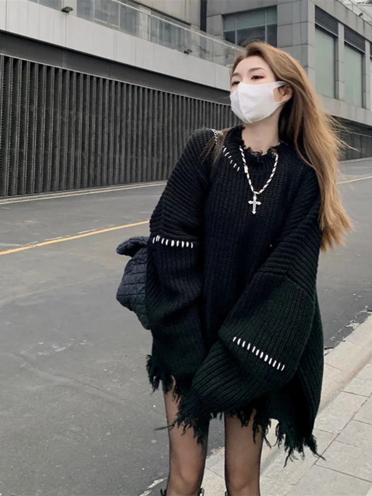 

Gothic Harajuku Black Sweaters Pullover Oversize Women Mall Goth Tops Streetwear Korean Fashion Autumn Knitwear