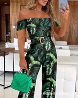 vintage green print sexy off shoulder wide leg jumpsuits women high waist short sleeve jumpsuit 2022 summer fashion new