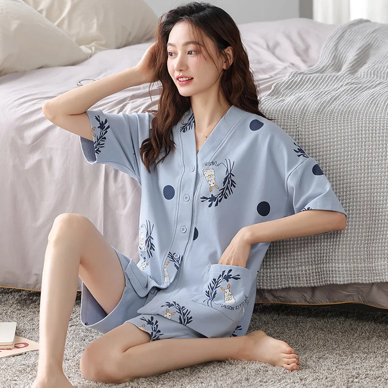 Cotton Women Pajamas Sets Pyjamas Female V-Neck Loungewear Pijamas Short Sleeve Button Down Top Shorts Suit Sleepwear Nightwear