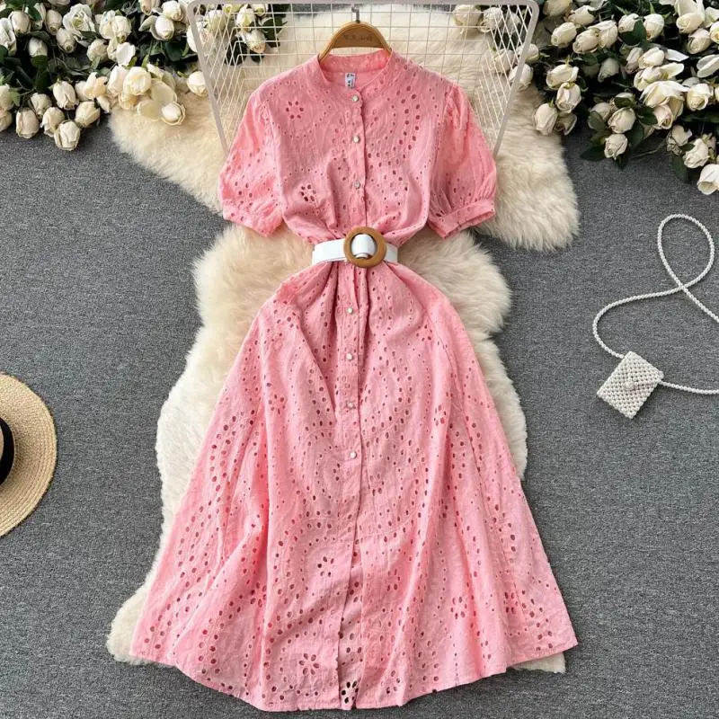 

WEIHAOBANG 2022 Summer Women's New Solid Color Stand Collar Hollow Out Single Breasted Short Sleeve Belt Long A-line Skirt