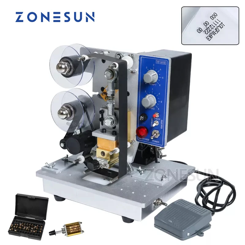 ZONESUN Semi Automatic Hot Stamp Printer Machine Ribbon Coding Date Character Hot Code Printer HP-241 Date Coding Machine