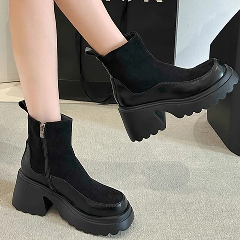 Замшевые женские зимние ботильоны на высоком каблуке трендовые ботинки Челси 202