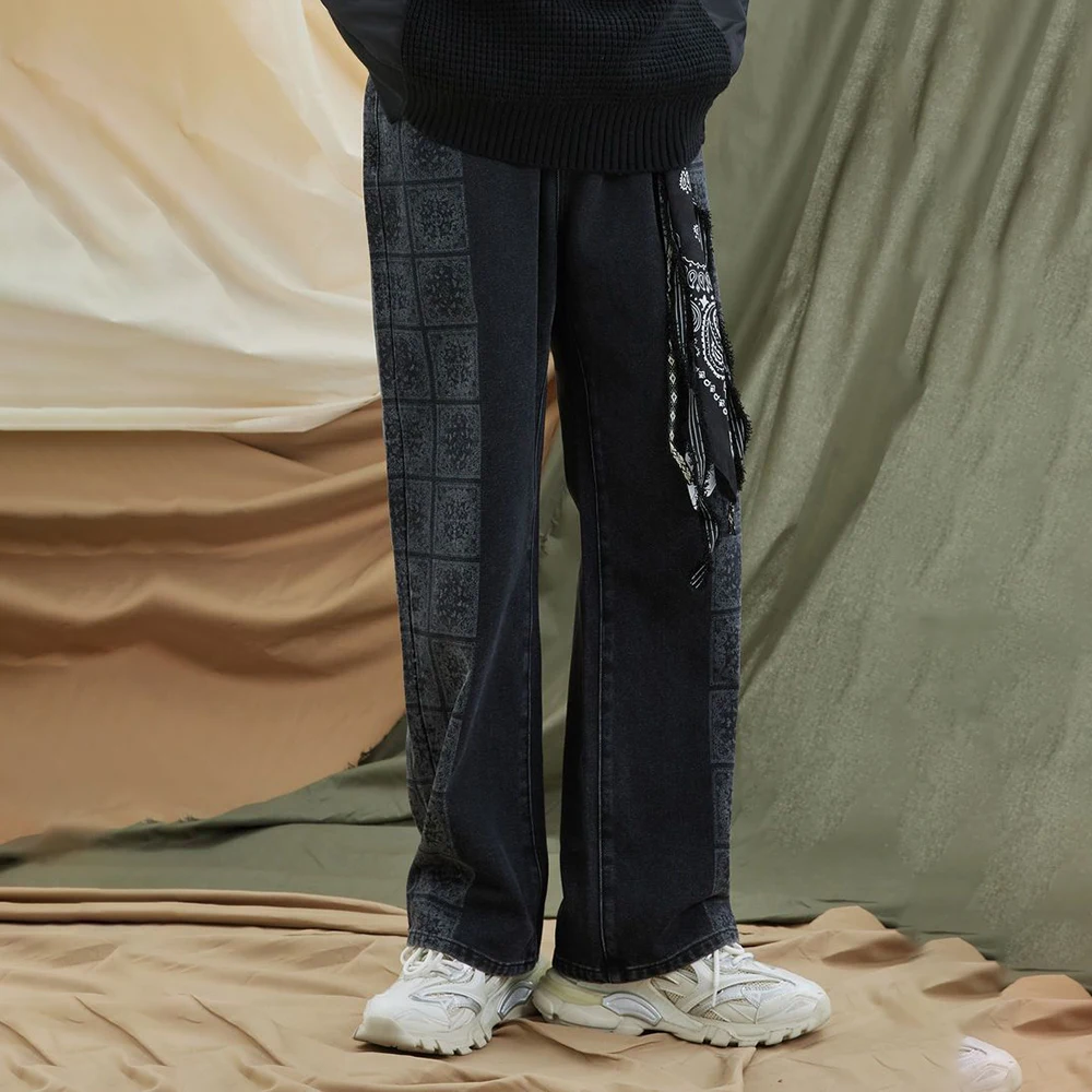 Korean Ins Paisley Splicing Straight Wide Leg High Street Harajuku Vintage Retro Men Jeans Pants Denim Print Trousers