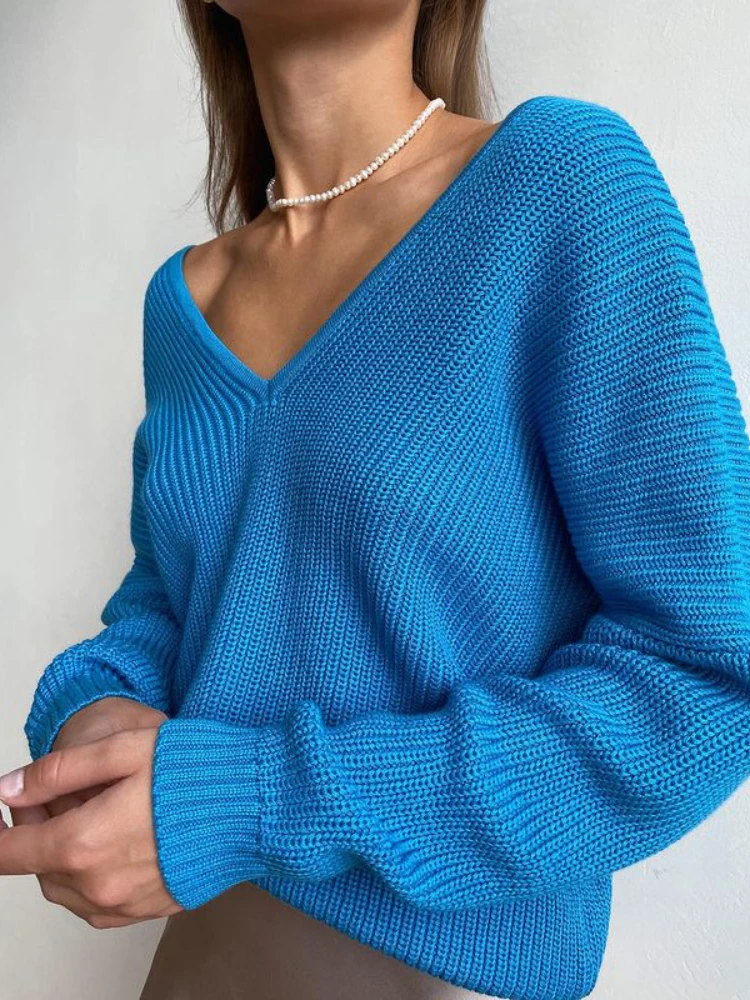 

Knitted Pullover V Neck Women's Clothing Fall Winter Sweater Solid Color Loose Jumper Korean Fashion Long Sleeve Green Top