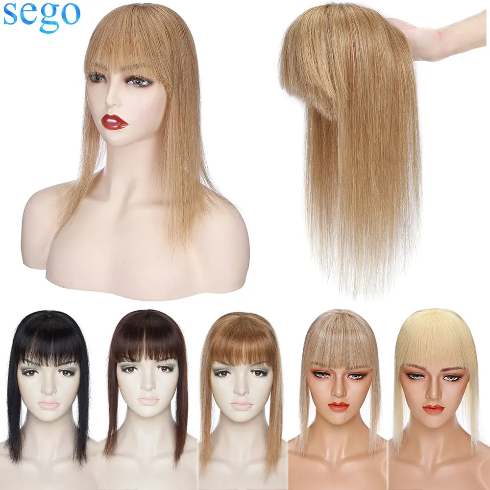 SEGO 10''-20'' 8.5x8.5cm Small Human Hair Topper Natural Hairpieces with Bangs for Women Toupee Fringe 3 Clips ins