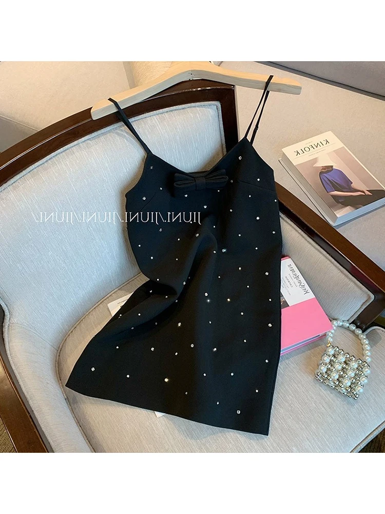 

Y2K Retro Strap Bow Decorate Black Mini Dress Women Fashion Aesthetic Bow Club Party Sexy Nail Drill Vestidos For Female Outfits