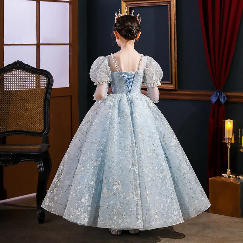 

Summer Kids Girls Elegant Short Puff Sleeve Lace Sequin Birthday Dresses Children Clothing Mesh Princess Ball Gown Dress Q08