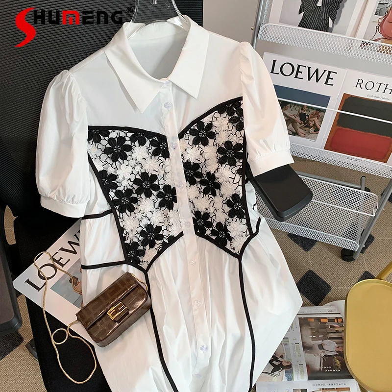 European 2022 Summer New Ladies Fashion High Waist Short Dress Women's Elegant Stitching Lace Hollow Floral Short Sleeve Dress