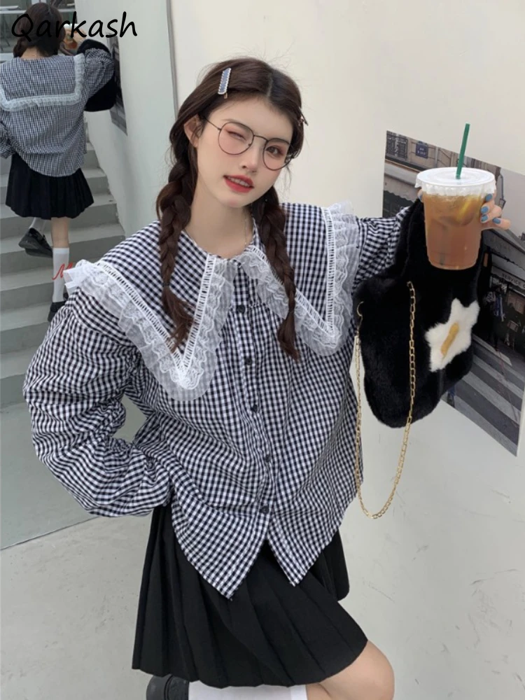 

Клетчатые кружевные рубашки в стиле преппи, женские универсальные милые стильные кавайные рубашки в японском стиле с матросским воротнико...