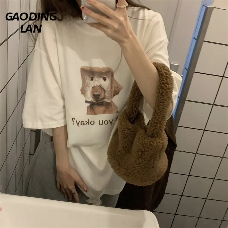 

Gaodinglan Summer Women Pure Cotton Short Sleeve Top Harajuku Cartoon Print Tops Casual Large Size Loose Female O Neck Tee Shirt