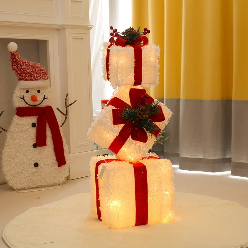 

3pcs Hollowed Out Christmas Decoration Led Gift Box with Bow Lights Iron Box Art Home Outdoor Mall Gift Home Party Supplie