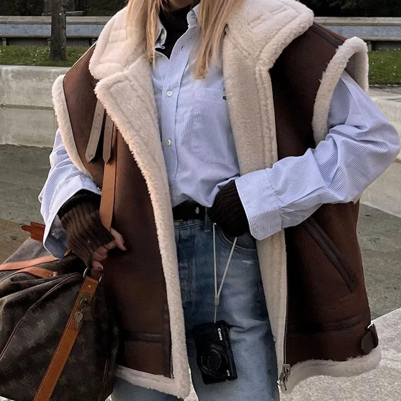 Ardm Casual Suede Jacket Women 2022 Vintage Sleeveless Vests Coats zipped Thick Warm Winter Streetwear Outerwear