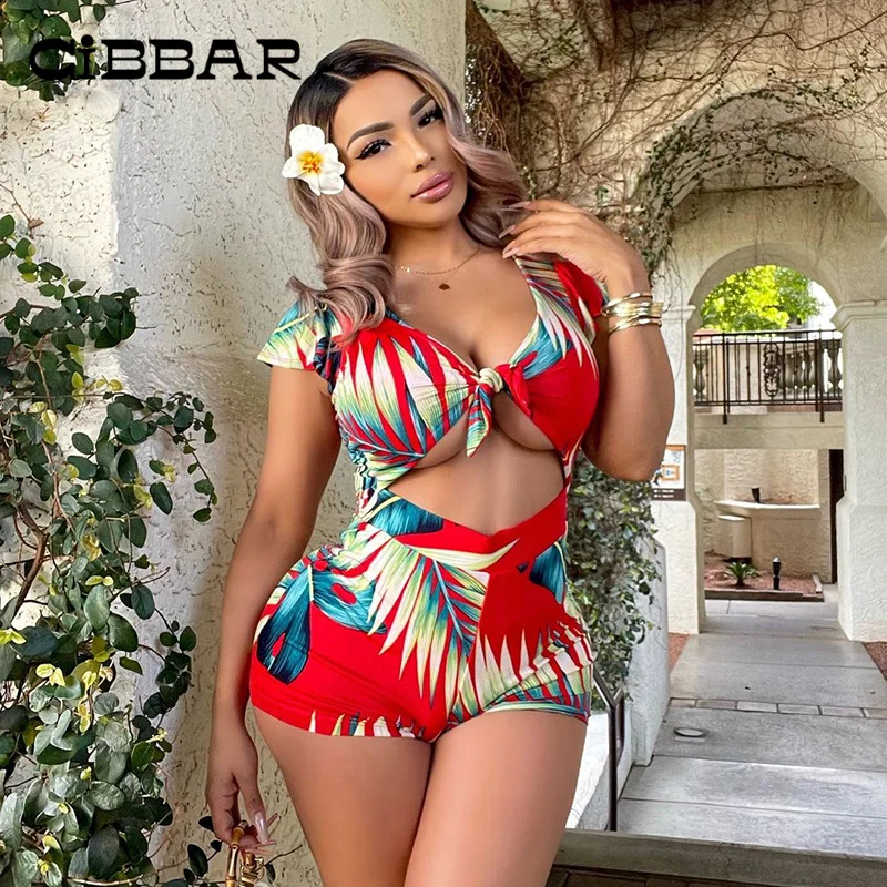 

CIBBAR Vacation Aesthetic Print Bodysuits Beachwear Sexy Cleavage Skinny Playsuits Female Clubwear Hollow Out High Waist Outfits