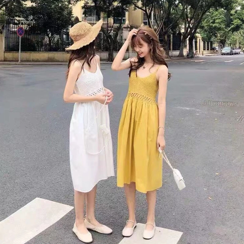 

Women Summer Sleeveless Crochet Splicing Solid Color High Waist Pleated Dress