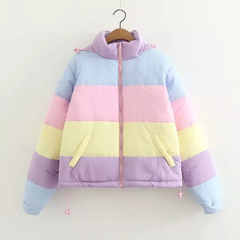 

2023New Thicken Rainbow Contrast Women's Down Jacket Loose Padded Student Winter Coat Women Warm College Parka Female