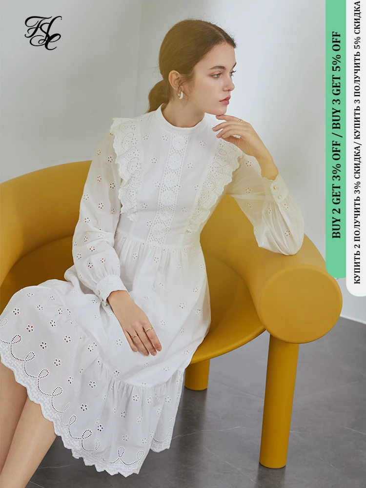 

FANSILANEN Floral Embroidery Long White Lace Dress Women Long Sleeve Ruffle Elegant Round Neck Dress Female Vintage A-line Skirt