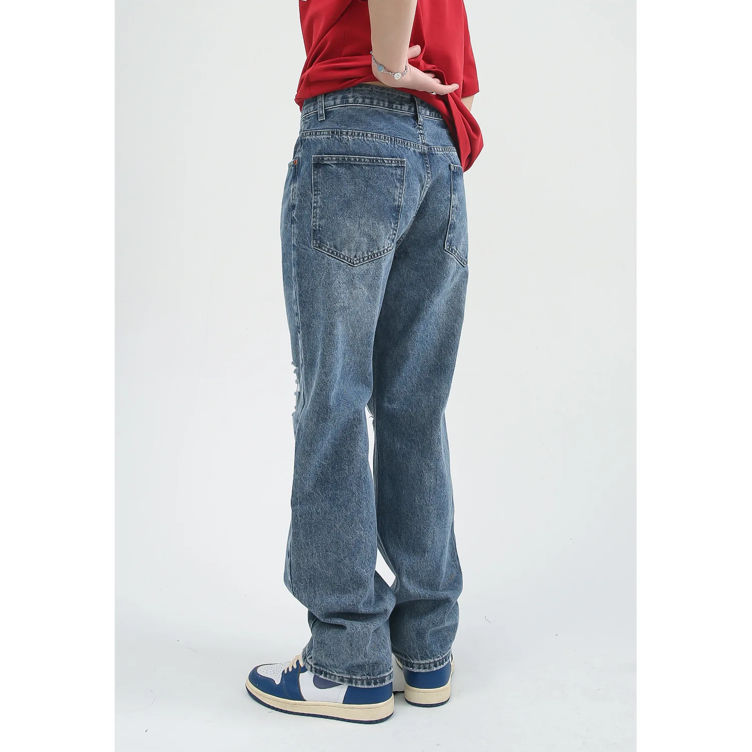 Four Seasons Men's Korean Style Personality Straight Hole Mid Waist Casual Men's Jeans Hip Hop Streetwear Jeans Denim Casual