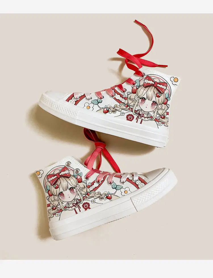 Cartoon Strawberry Girl Canvas Sneakers Women's Laced Up High Tops School Student Vulcanized Shoes Woman Printed Sneaker Tenis