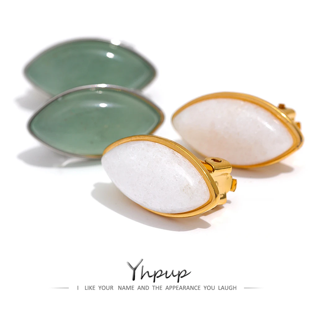 Yhpup Ear Clip Stainless Steel Earrings Green Aventurine White Agate Geometric Ellipse Waterproof Trendy Elegant Clip D'oreille