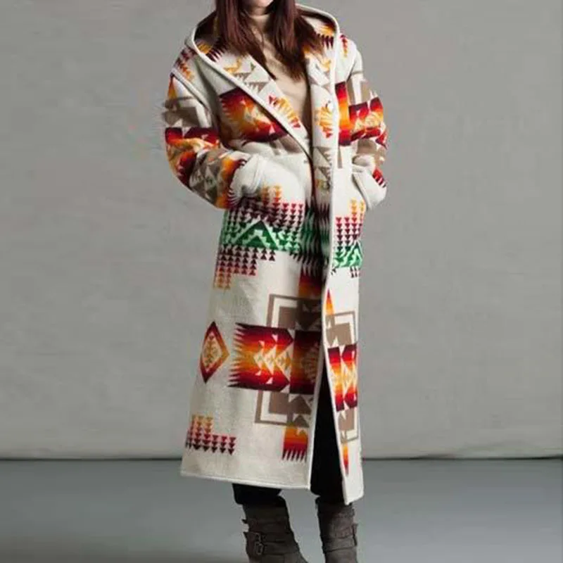 

Womens Fashion Ethnic Style Boho Printed Hooded Long Coat Loose Outwear Match Colors S-5XL Coats and Jackets Women