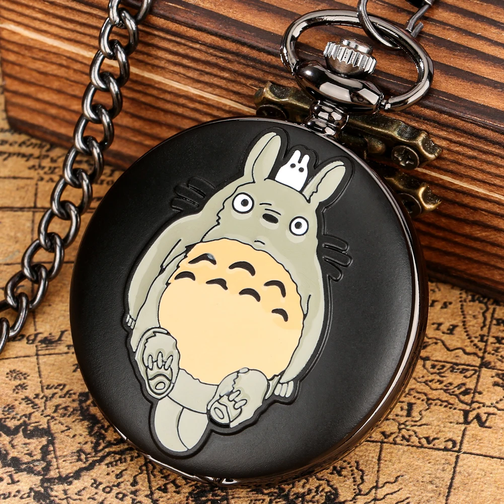 

Black Totoro Anime Clock My Neighbor Totoro Figure Quartz Pocket Watch Cosplay Pendant Necklace Sweater Chain Watch for Fans