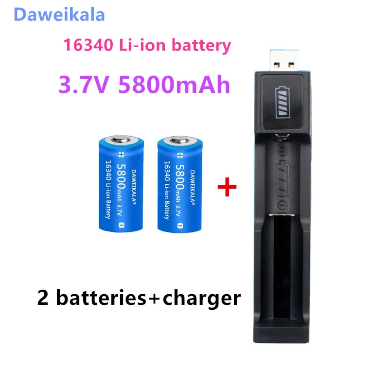 

3.7V 16340 Rechargeable Battery 5800mAh Li-ion Battery for LED Flashlight Travel Wall Charger 16340 CR123A Battery+Charger