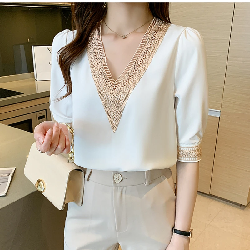 

Twicefanx блузка с длинным рукавом и шортами, женские топы, v-образный вырез, вышивка, шифоновые блузки с вышивкой 830A