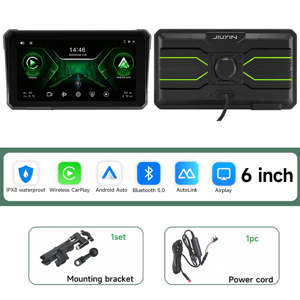 

6-дюймовый мотоциклетный GPS-навигатор, беспроводной CarPlay Android Auto, мультимедийный плеер, IPX8, водонепроницаемый экран, Bluetooth, 2025