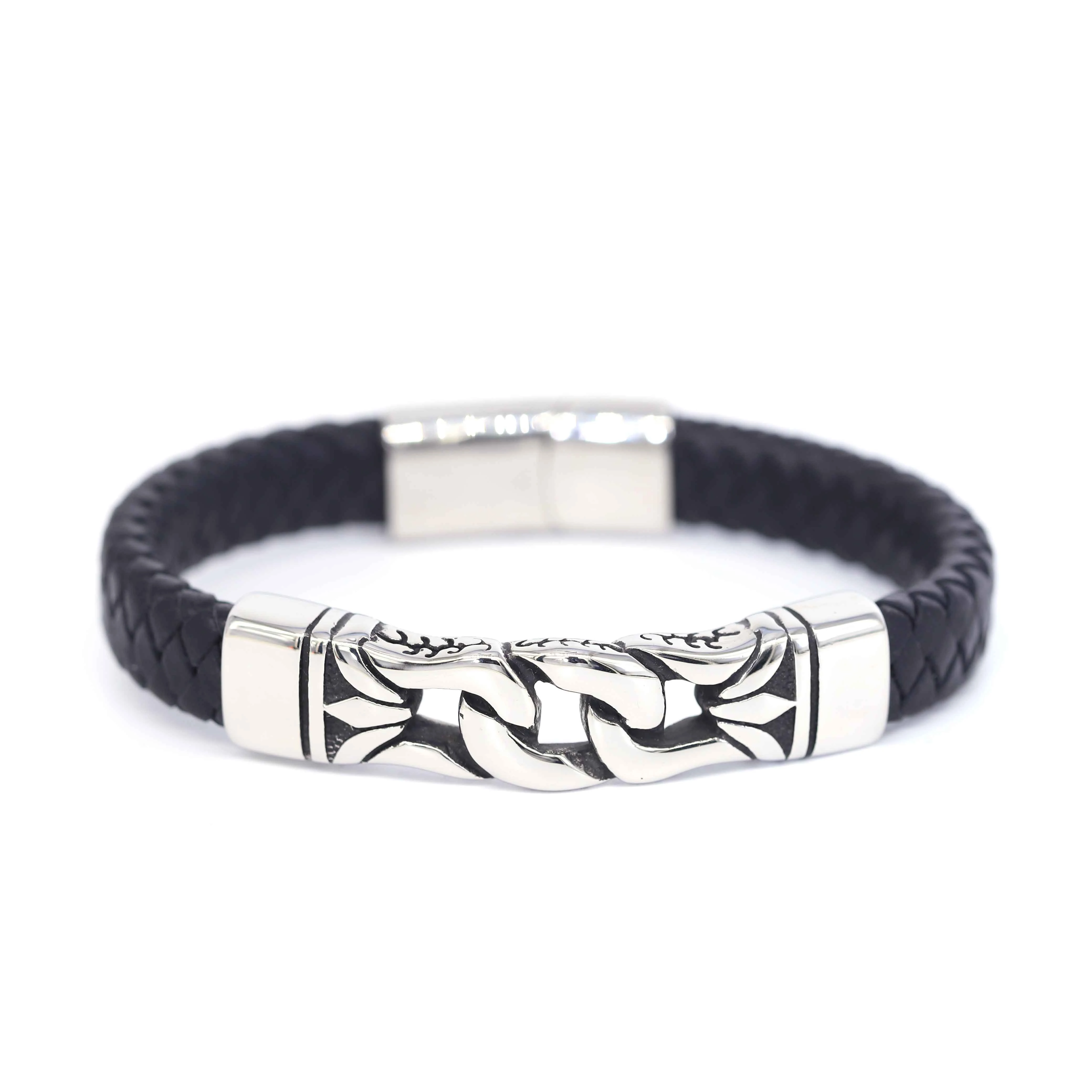 

Fashion Jewelry Bracelets 12mm Braided Vintage Leather Viking Stainless Steel Bracelet Punk Bracelet Men