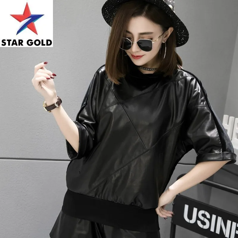 Fashion Women New Half Sleeve Spliced Genuine Leather Turtleneck Pullover Tops Bomber Jacket Lady Harajuku Streetwear Top