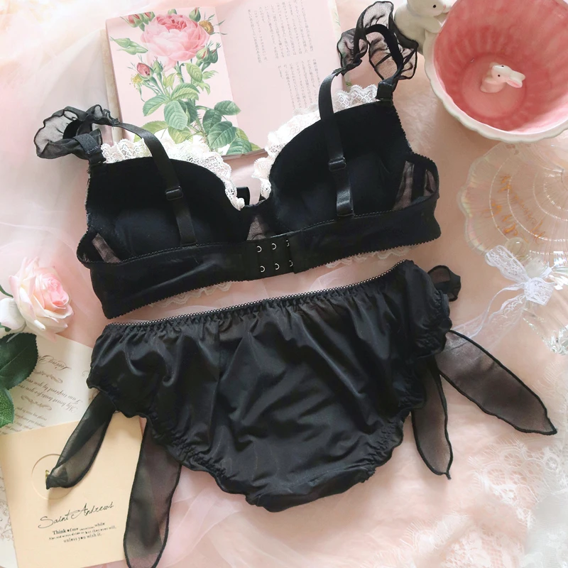 Lolita Underwear Plus Size Lingerie Lace Japanese Sexy Bra And Panty Set Plaid Black Fox Gathered Bra Thong Women's Panties Set
