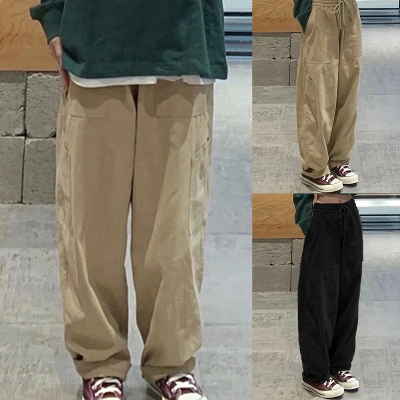 

Men And Women's Casual Pants Style Drawstring Straight High Waist Trousers Loose Streetwear Vintage Solid Color Hip-hop Bf