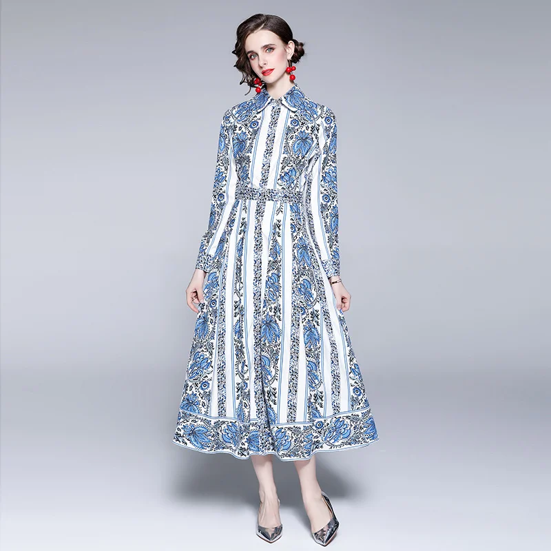 

Aibeautyer New Casual Spring Autumn Floral Print Slim Full Lady Dress A Line Turndown Collar Chiffon Pullover Women Dresses