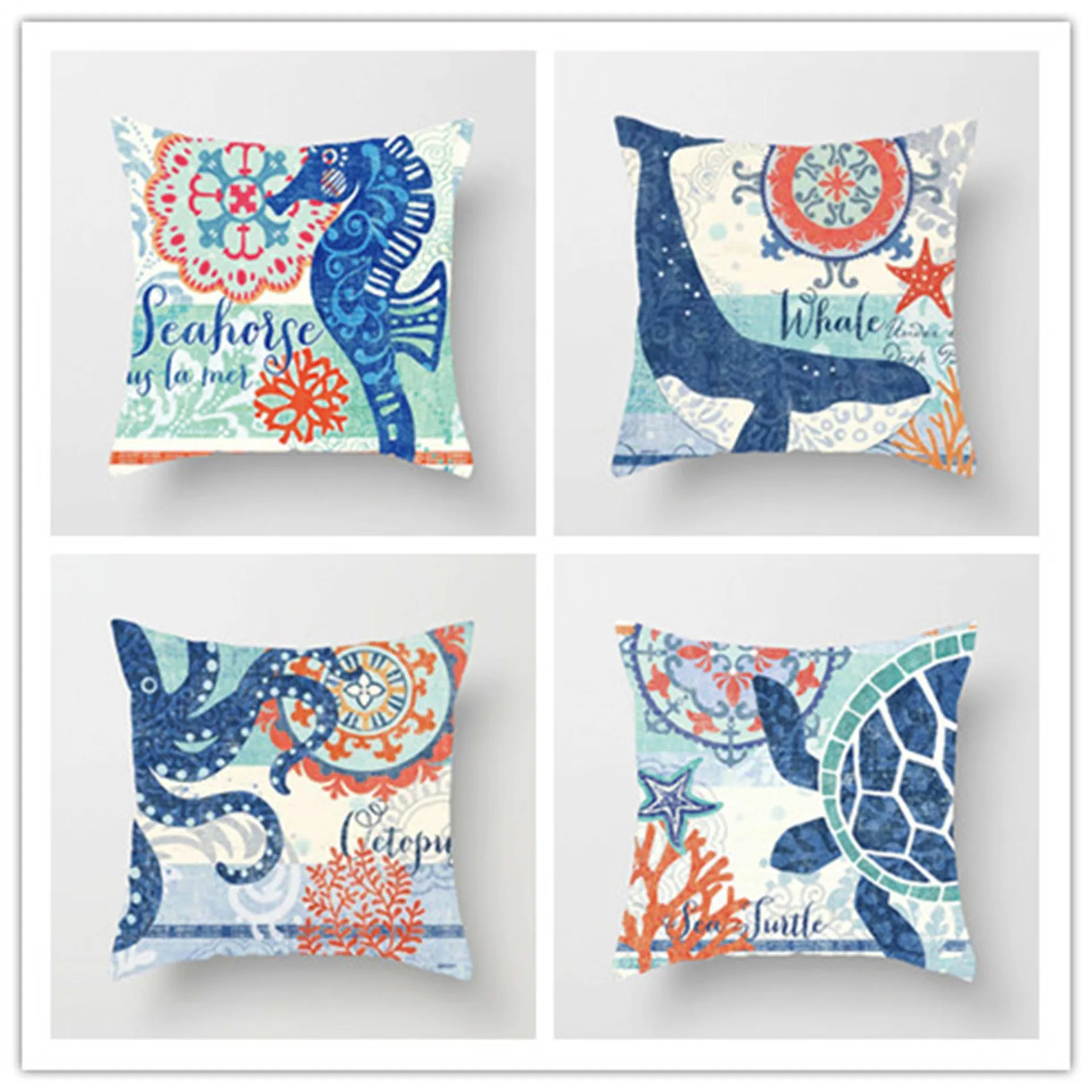 

2021 Marine Life Conch Turtle Seahorse Whale Octopus Cushion Cover Holding Pillow Case