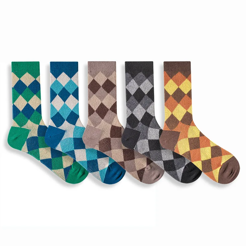 Autumn and Winter Socks Men's Boneless Middle Tube Socks Retro Diamond5PCS