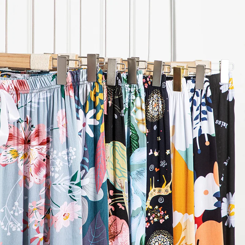 Women Spring Summer Thin Sleep Pants 2023 Home Pants Floral Printed Pajama Pants Wide Leg Loose Plus Size Calf-length Bottoms