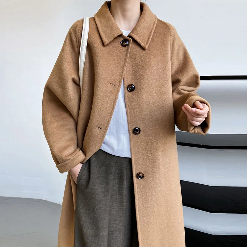 

Korean Style Women's Woolen Coat Lapel Single Breasting Solid Loose Casual Coat Winter Long Sleeve Straight Female Outerwear