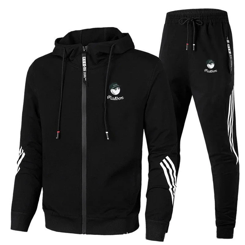 

New Men's Brand Malbon Golf Suit Autumn and Winter New 2022 Fashion Zipper Hooded Sweater + Pants Two-piece Casual Sports Suit