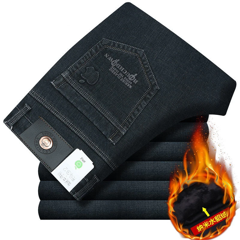 

Winter Men's Fleece Black Jeans Business Casual Thicken Warm Regular Fit Stretch Denim Straight Trousers Male Brand 38 40 42