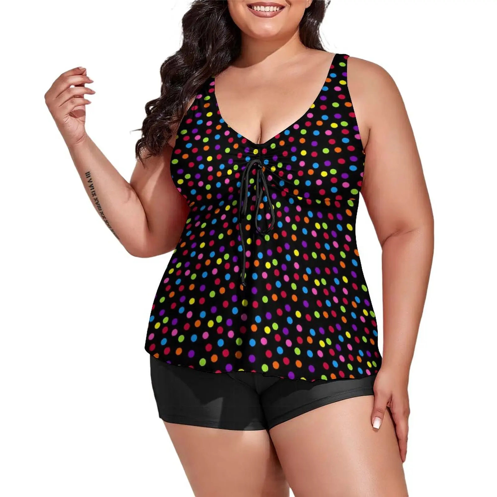 

Colorful Polka Dots Tankini Swimsuit Rainbow Dot Print Sport Swimwear Stylish Bathing Suit High Waist Custom Beach Outfits