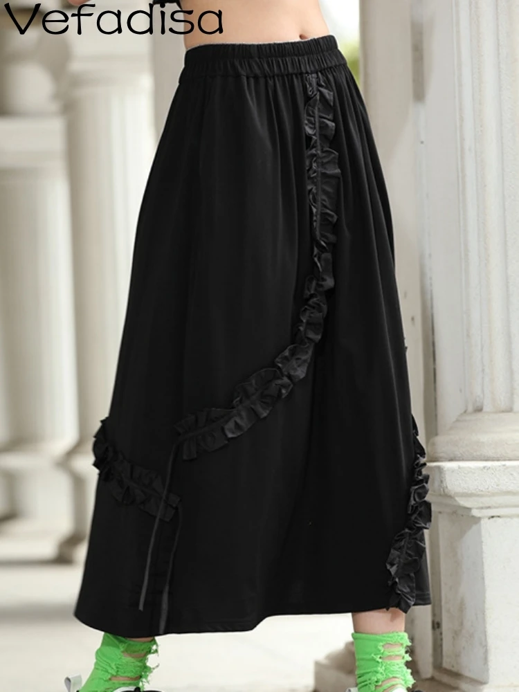 

Vefadisa 2023 Summer New Women Black Skirt Casual Spliced Lace Personalized Elastic Waist Trendy Girl Solid Color Skirt ZY1423