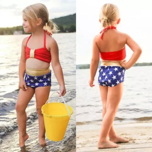 

Baby Girls Swimsuit Two Pieces Swimwear Kids Children Stars Print Bandage Swimwear Bathing Suit Bikini Set Outfits Costume