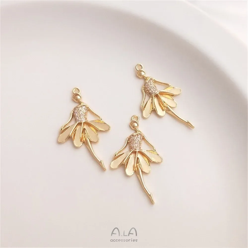 14 К Золото Микро Инкрустация Цирконом Танцующая Девушка Балетная Кулон DIY