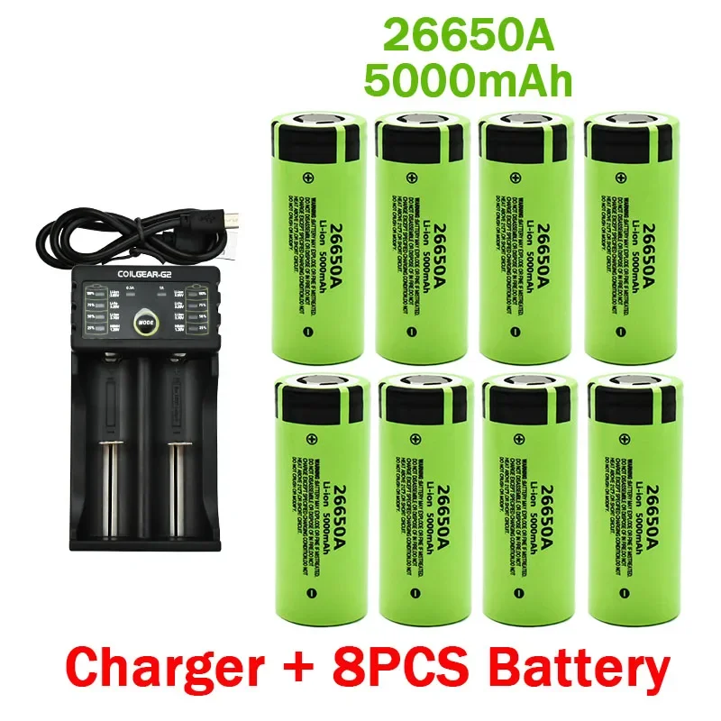 

100% New Original high quality 26650 battery 5000mAh 3.7V 50A lithium ion rechargeable battery for 26650A LED flashlight+charger
