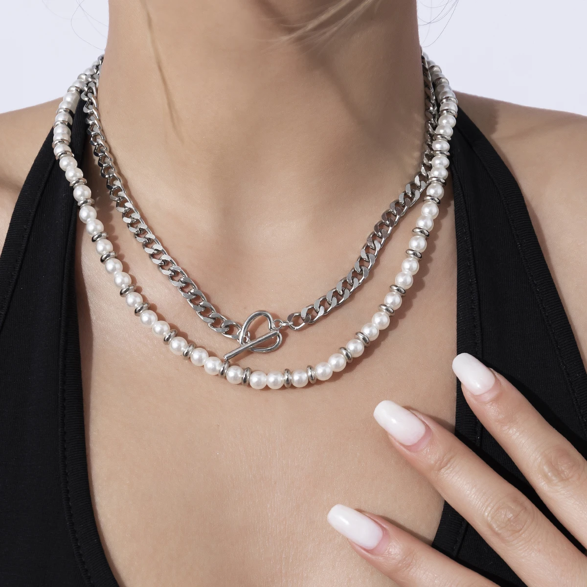 

Lacteo Punk Silver Color Double Chain Choker Necklaces Set for Women Men Hip Hop Imitation Pearls Chain Necklace Jewelry Gifts